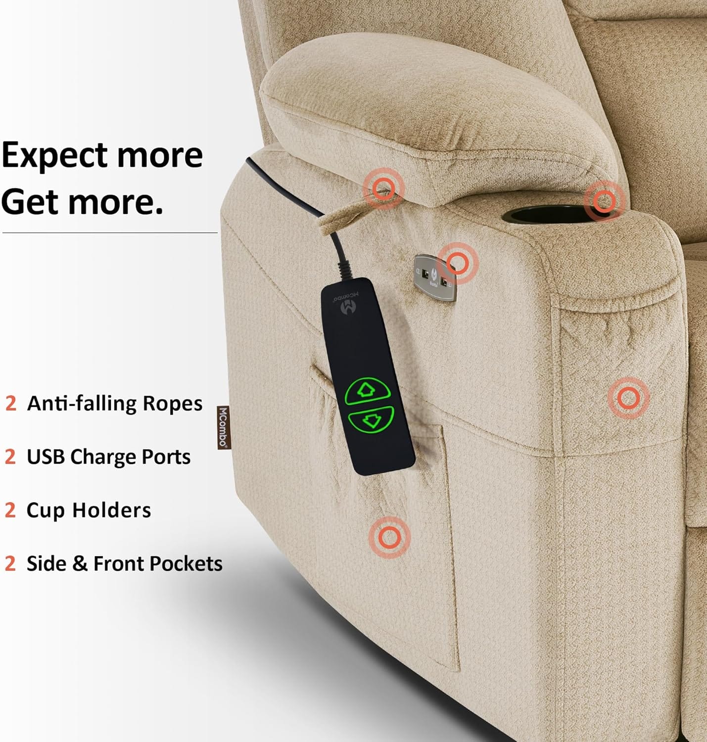 MCombo Large Power Lift Recliner Chair with Massage and Heat for Big and Tall Elderly People, Cup Holders, USB Ports, Side Pockets, Fabric R7541 (Beige, Large-Wide) - Image 8