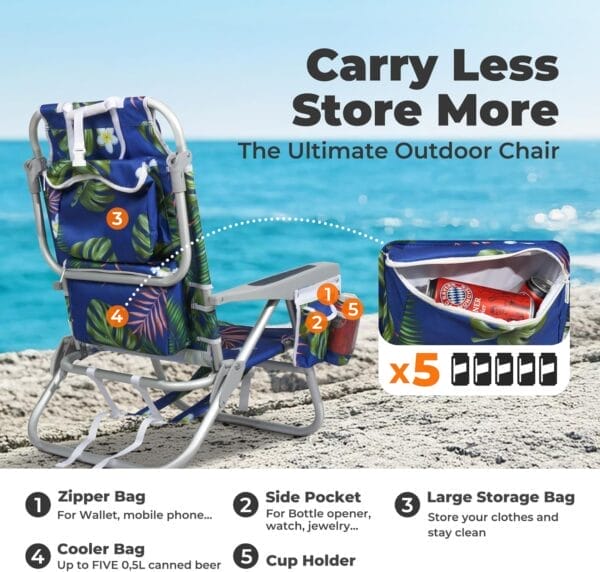 Folding Beach Chair for Adults, 10'' Low Sand Chairs with Cup Holder, 5-Position Recling Backpack Beach Chair Aluminum Frame, Portable for Travel & Outdoor, Supports 300lbs, Tropical Palm - Image 4