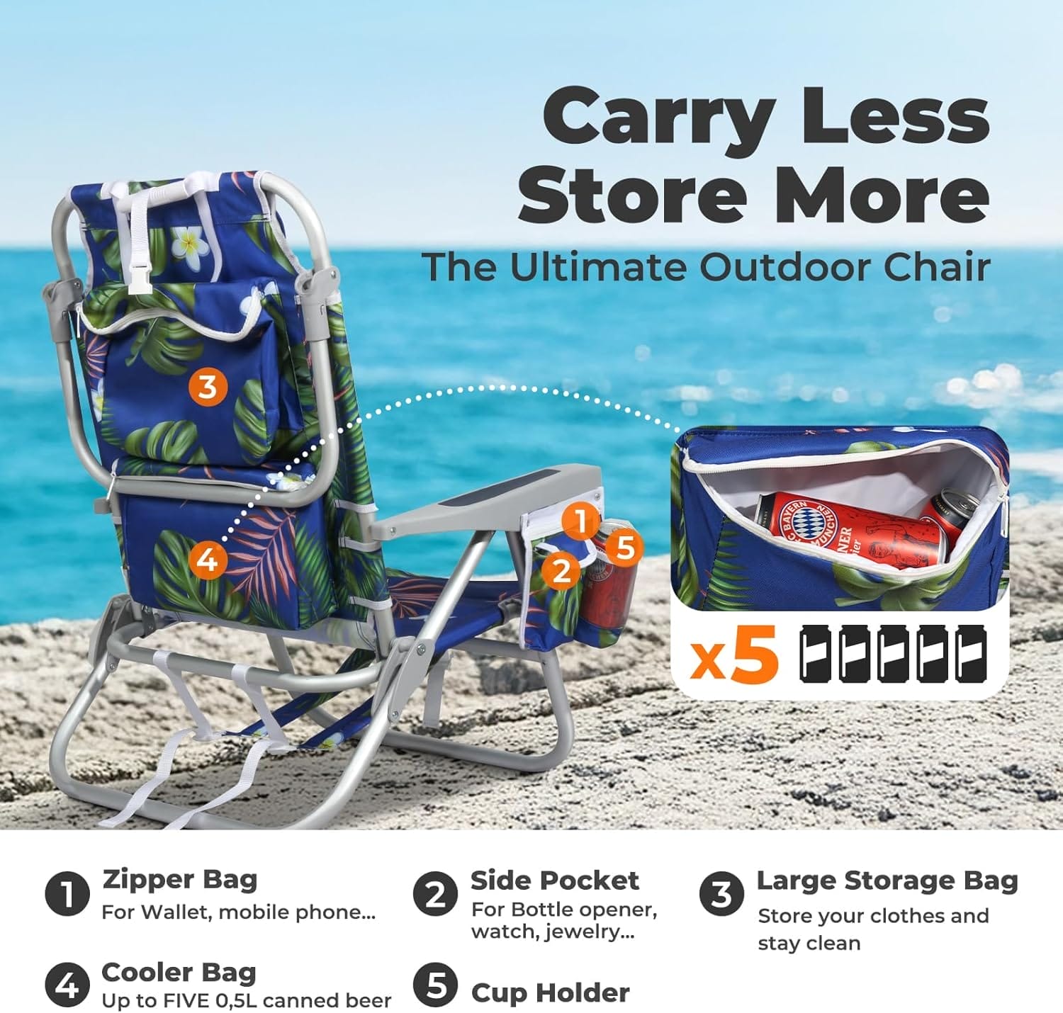 Folding Beach Chair for Adults, 10'' Low Sand Chairs with Cup Holder, 5-Position Recling Backpack Beach Chair Aluminum Frame, Portable for Travel & Outdoor, Supports 300lbs, Tropical Palm - Image 4