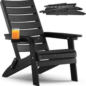 YEFU Folding Oversized Adirondack Chair: Heavy Duty Adirondack Chairs with Comfort Arc Backrest & Cup Holder - All Weather HIPS Plastic Fire Pit Chair for Outdoor Patio Lawn Garden Black