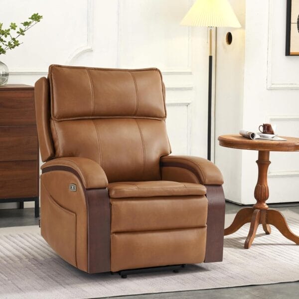 MCombo Power Lift Recliner Chair Sofa with Massage and Heat, Adjustable Headrest for Elderly People, Solid Wood Armrest, USB Ports, Side Pockets, Faux Leather 7917 (Tawny, Medium) - Image 2