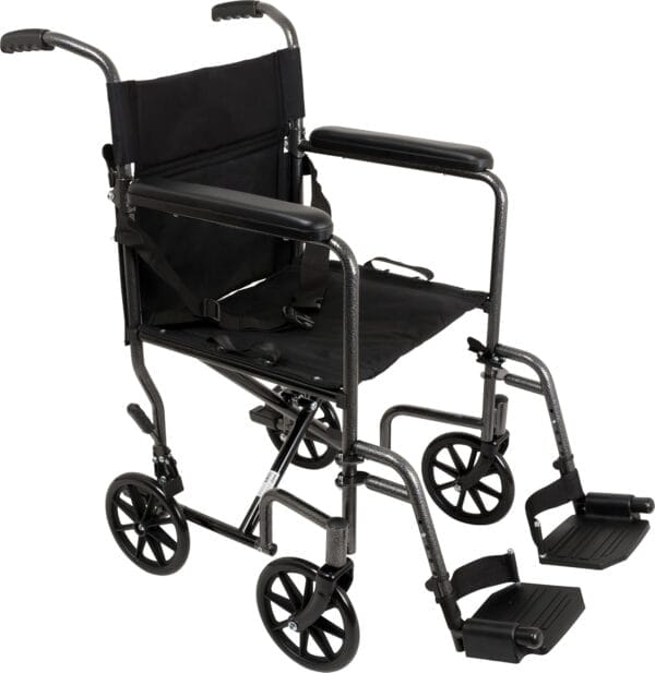 ProBasics Transport Chair Portable Wheelchair - 19-inch Seat, Full-Length Permanent Arms, Swing-Away Foot Rests - Folding Wheelchair for Travel and Transport