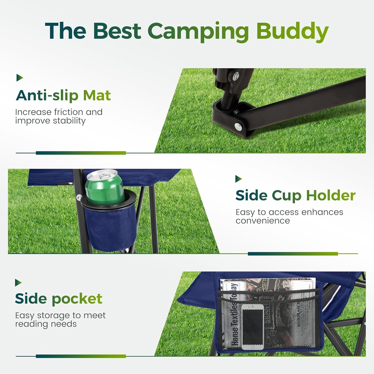 ALPHA CAMP Oversized Folding Camping Chairs High Backrest Heavy Duty Lawn Chairs for Adults Support 500 LBS Portable Camp Chairs with Cup Holders Large Side Pocket for Outdoor - Image 7