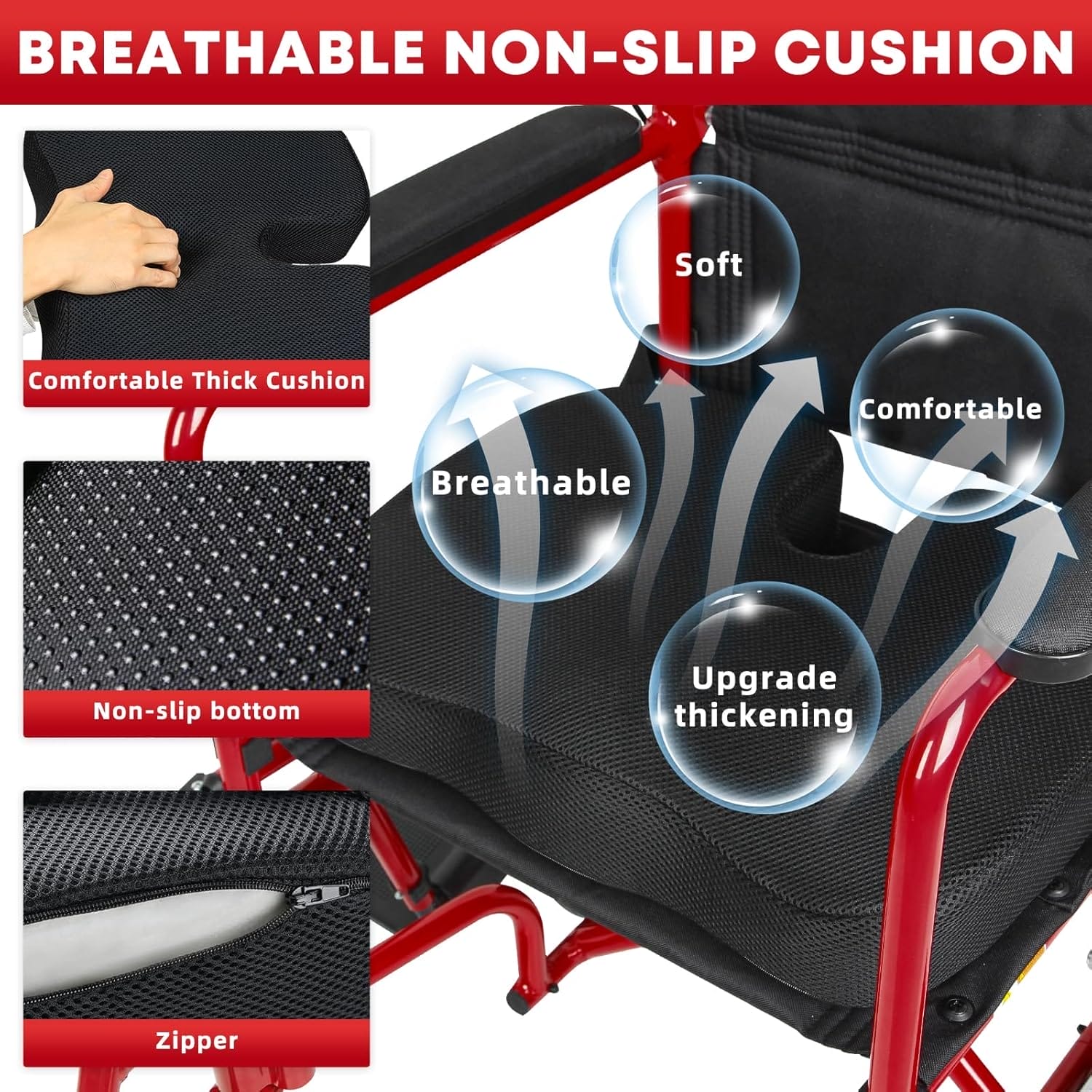 Wheelchairs for Adults, Transport Wheelchair with Gel Enhanced Seat Cushion, Handbrakes, 12" Universal Wheels, Lightweight Foldable Walkers for Seniors Adults (Red) - Image 3