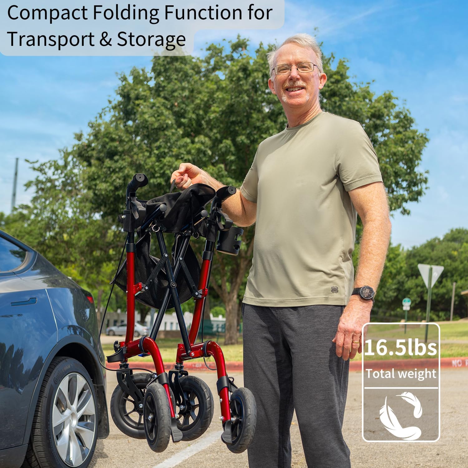 Rollator Walker for Seniors, Lightweight Foldable All Terrain Rolling Walker with seat, Aluminum Walkers with 10 inch Rubber Wheels, Handles and Backrest for Seniors and Adult - Image 3