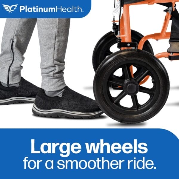 Platinum Health Hummingbird™ Ultra-Lightweight Foldable Transport Wheelchair, Handbrakes,12-Inch Rear Wheels, Extra-Wide Seat. Convenient Table-Length Padded Armrests. (Sunset Orange) - Image 6