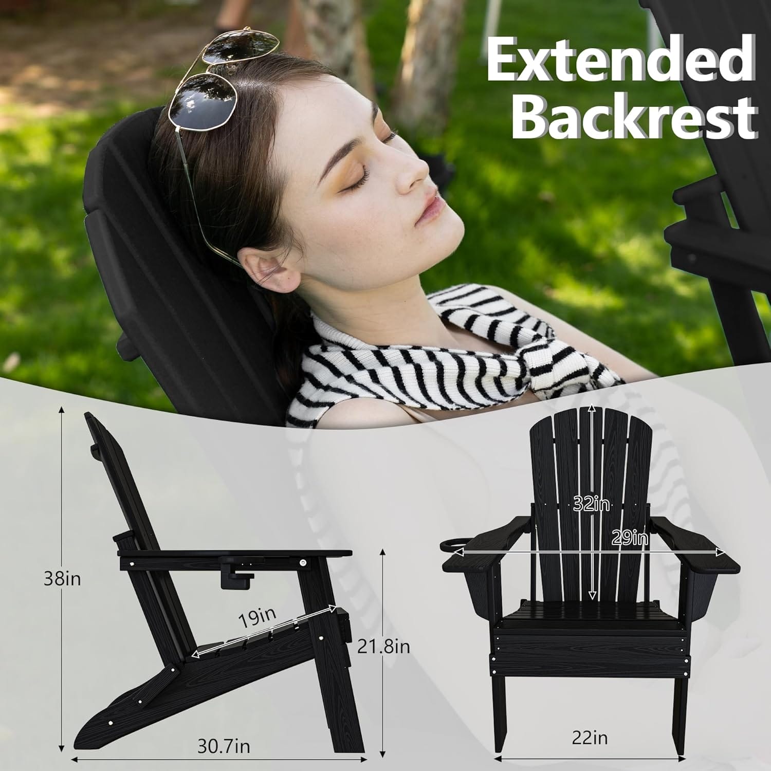 Folding Adirondack Chair, SGS Tested, Wooden Textured with Cup Holder, Heavy All-Weather HDPE Comfortable Set Poolside Backyard Lawn Black - Image 3