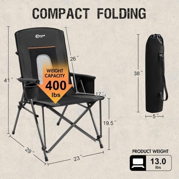 PORTAL Oversized Folding Camping Chair High Back Portable Lawn Chairs for Adults Outdoor Sports with Hard Armrest Cup Holder，Supports 400LBS Black - Image 3