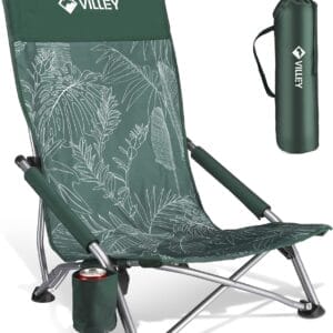 VILLEY Low Beach Chair, High Back Folding Adult Chair, Lightweight & Portable for Outdoor, Beach, Camping, Lawn, Music Festival, with Cup Holder & Carry Bag - Vintage Green Leaves