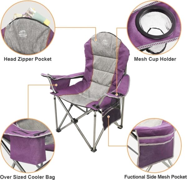 Camping Chairs for Adults,High Back Folding Camp Chair with Cup Holder and Cooler Bag,Heavy Duty Outdoor Lawn Chairs,Perfect for Camping,Hiking,Picnics,and Beach Trips,Purple - Image 5