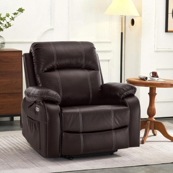 MCombo Small-Wide Power Lift Recliner Chair with Massage and Heat for Petite Elderly People, 3 Positions, 2 Side Pockets, USB Ports, Faux Leather R7410 (Dark Brown, Small-Wide) - Image 2
