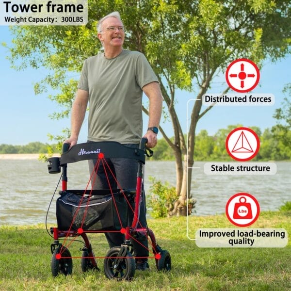 Rollator Walker for Seniors, Lightweight Foldable All Terrain Rolling Walker with seat, Aluminum Walkers with 10 inch Rubber Wheels, Handles and Backrest for Seniors and Adult - Image 5