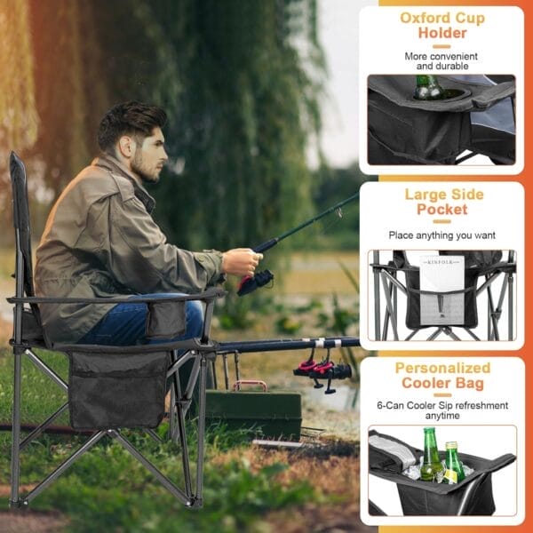 Romswi Oversized Camping Chairs,Heavy Duty Support 500 LBS,Padded Back & Arm Sport Chairs, Cup Holder Cooler Bag, Collapsible Folding Chairs for Outdoor, Fishing & Garden - Image 4