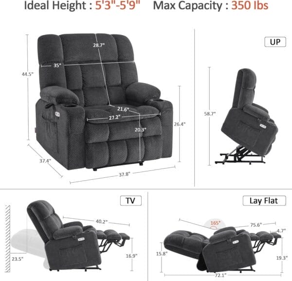 MCombo Dual Motor Power Lift Recliner Chair Sofa with Massage and Heat for Big Elderly People, Infinite Position, USB Ports, Cup Holders, Fabric R7897 (Dark Gray, Medium-Wide) - Image 3