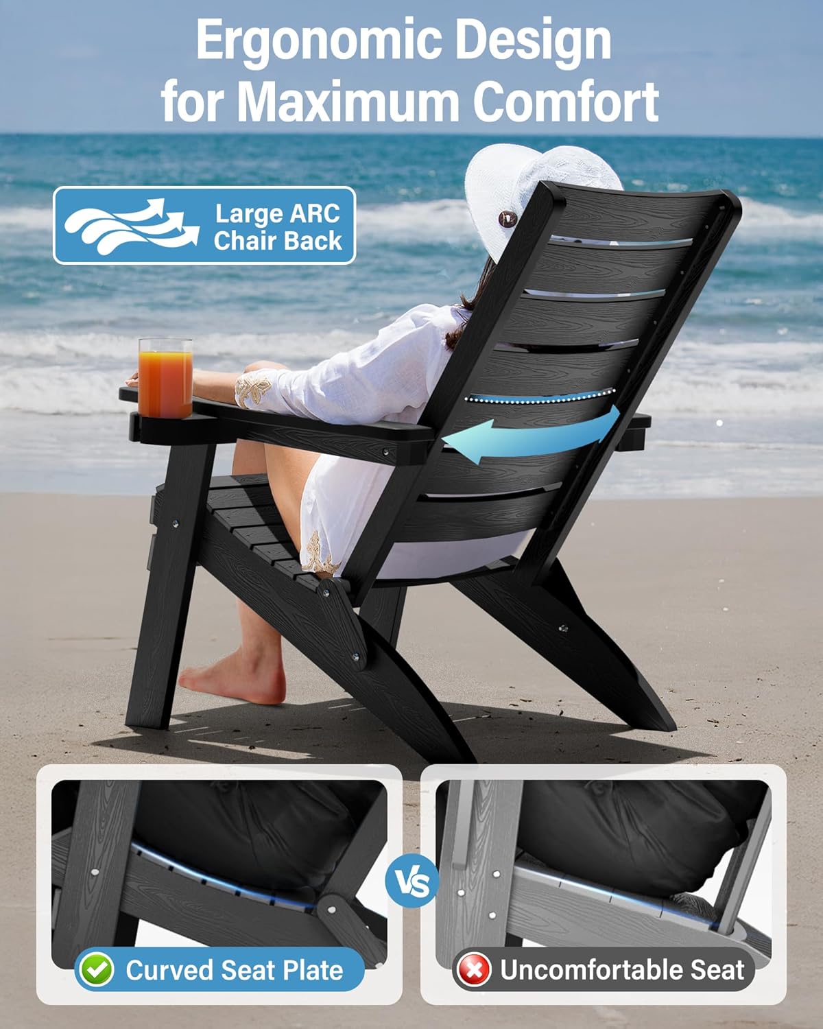 YEFU Folding Oversized Adirondack Chair: Heavy Duty Adirondack Chairs with Comfort Arc Backrest & Cup Holder - All Weather HIPS Plastic Fire Pit Chair for Outdoor Patio Lawn Garden Black - Image 3