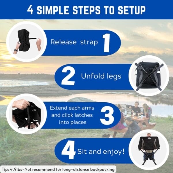 ADJ-Q2 Portable Camping Chair - Adjustable Height Folding Chair, Compact Collapsible Chair, Heavy Duty Outdoor Chair for Camping, Beach, Sports, Supports 350LBS, Leg-Base Enhanced - Black 2025 Edition - Image 8