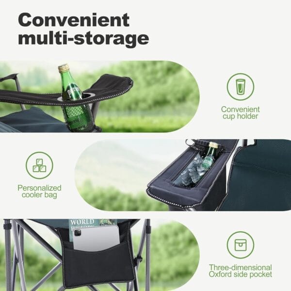 LET'S CAMP Oversized Folding Camping Chair Portable Outdoor Heavy Duty Padded Chairs Lawn Chair with Cup Holder, Storage Pocket and Cooler Bag, Supports 450LBS, for Camp, Travel, Picnic,2 Pack(Green) - Image 6