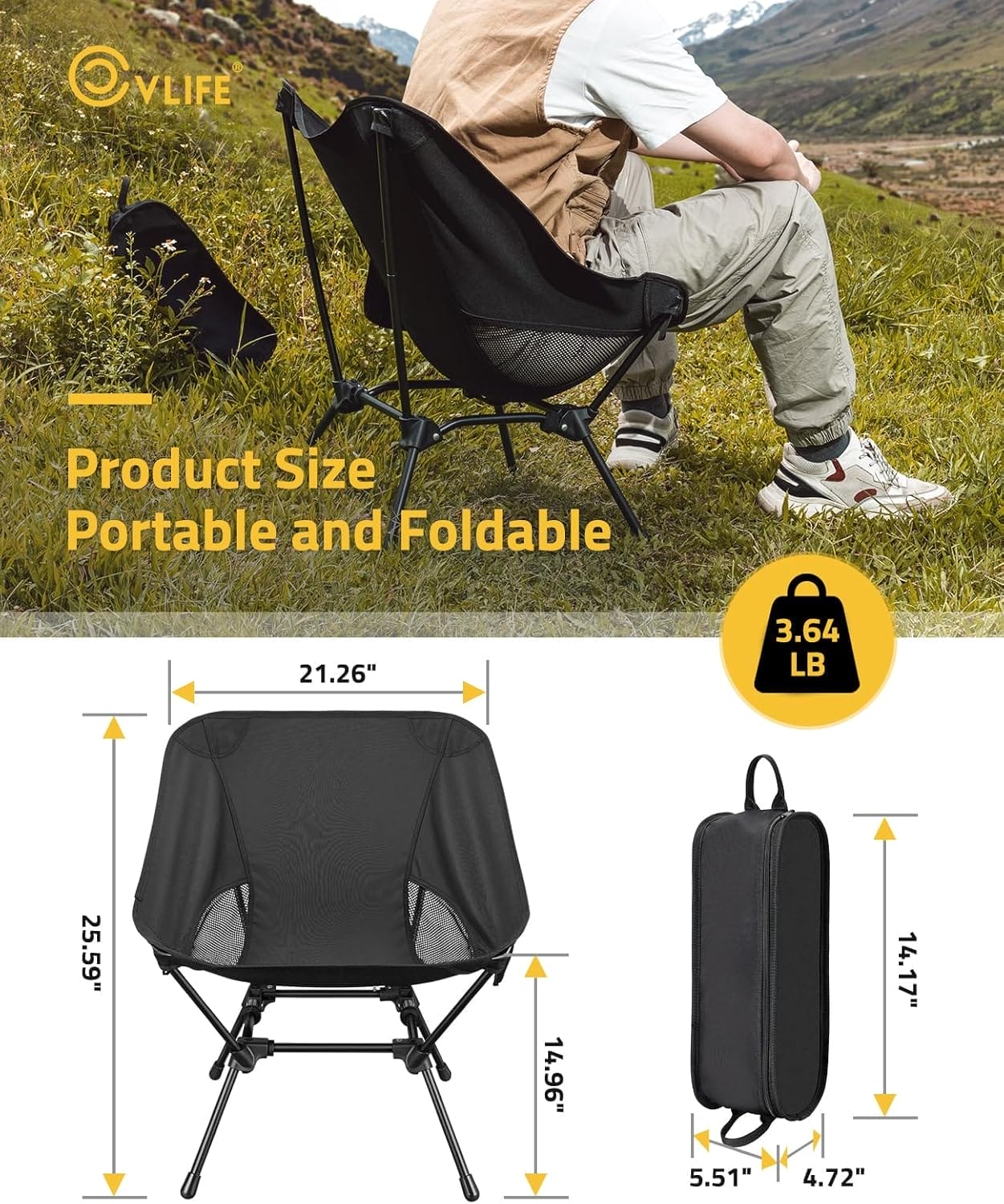 CVLIFE Camping Chair Portable Folding Backpacking Chair for Outside Hunting Fishing Hiking Black - Image 2