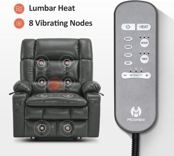 MCombo Dual Motor Power Lift Recliner Chair for Elderly, Lay Flat Lift Chair with Heat and Massage, Oversized Lift Recliner for Big and Tall, Faux Leather R7891 (Grey, Oversized) - Image 5
