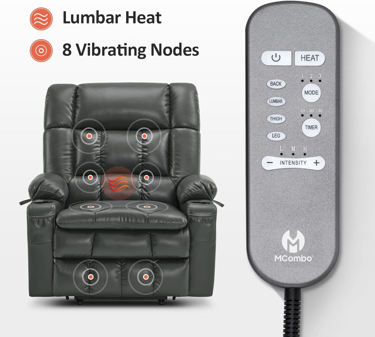 MCombo Dual Motor Power Lift Recliner Chair for Elderly, Lay Flat Lift Chair with Heat and Massage, Oversized Lift Recliner for Big and Tall, Faux Leather R7891 (Grey, Oversized) - Image 5