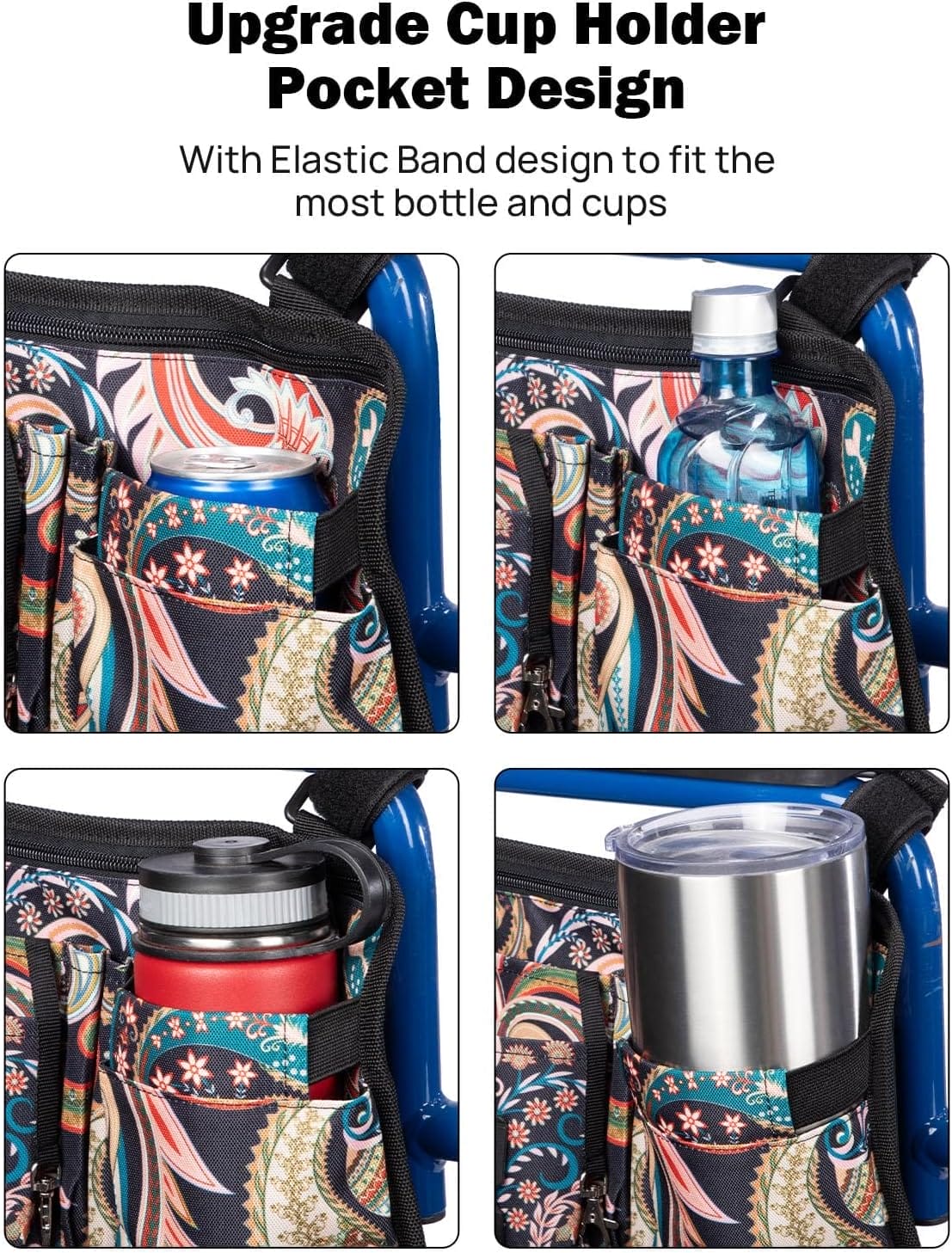 JOYTUTUS Wheelchair Side Bag, Upgraded Walker Pouch Bag with Cup Holder, Wheelchair Armrest Accessories for Walker, Rollator, Electric Scooter Wheelchairs, Ideal Gift for Seniors, Black Pattern - Image 2