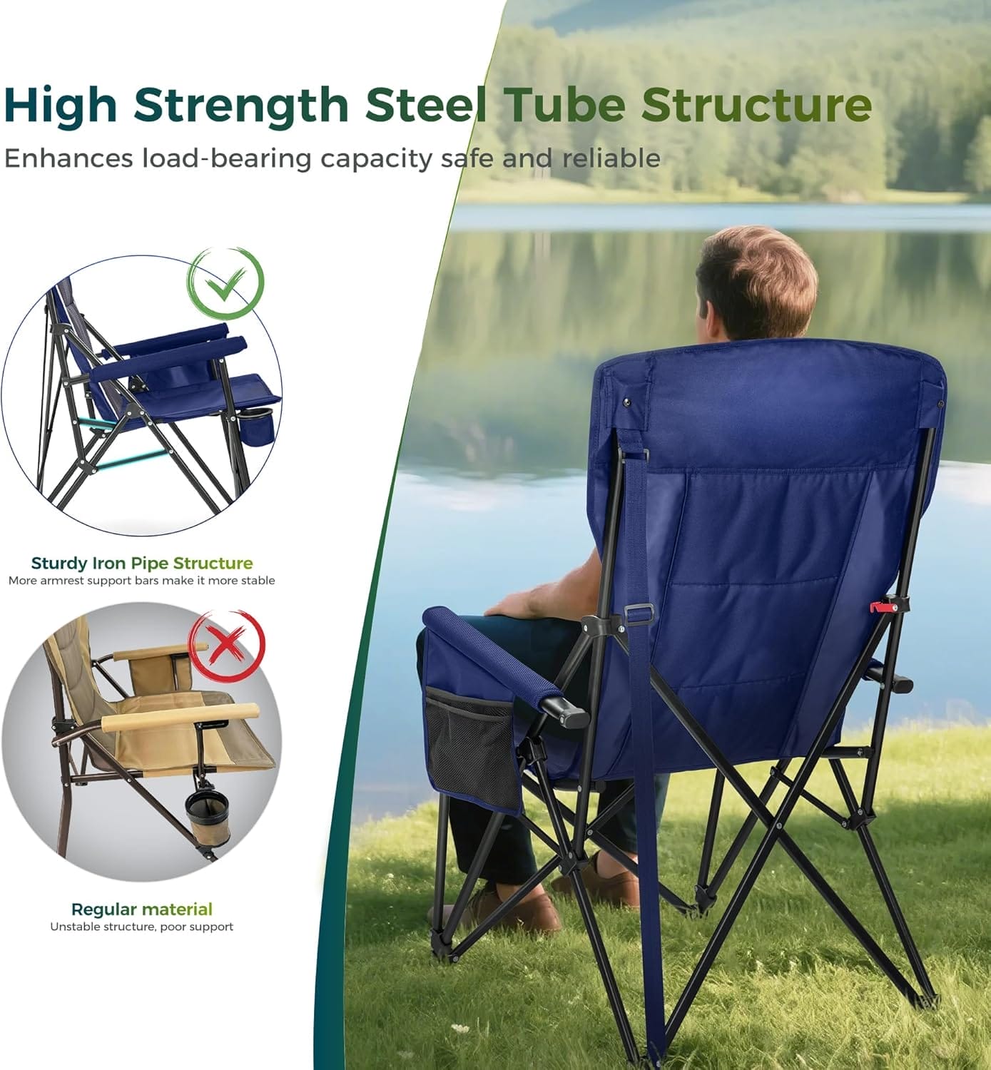 ALPHA CAMP Oversized Folding Camping Chairs High Backrest Heavy Duty Lawn Chairs for Adults Support 500 LBS Portable Camp Chairs with Cup Holders Large Side Pocket for Outdoor - Image 8
