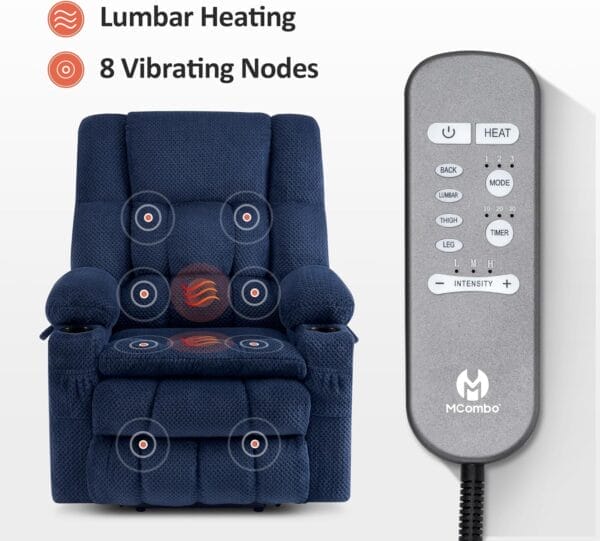 MCombo Large Dual Motor Power Lift Recliner Chair Sofa with Massage and Heat for Tall Elderly People, Infinite Position, USB Ports, Cup Holders, Fabric 7896 (Large, Navy Blue) - Image 6