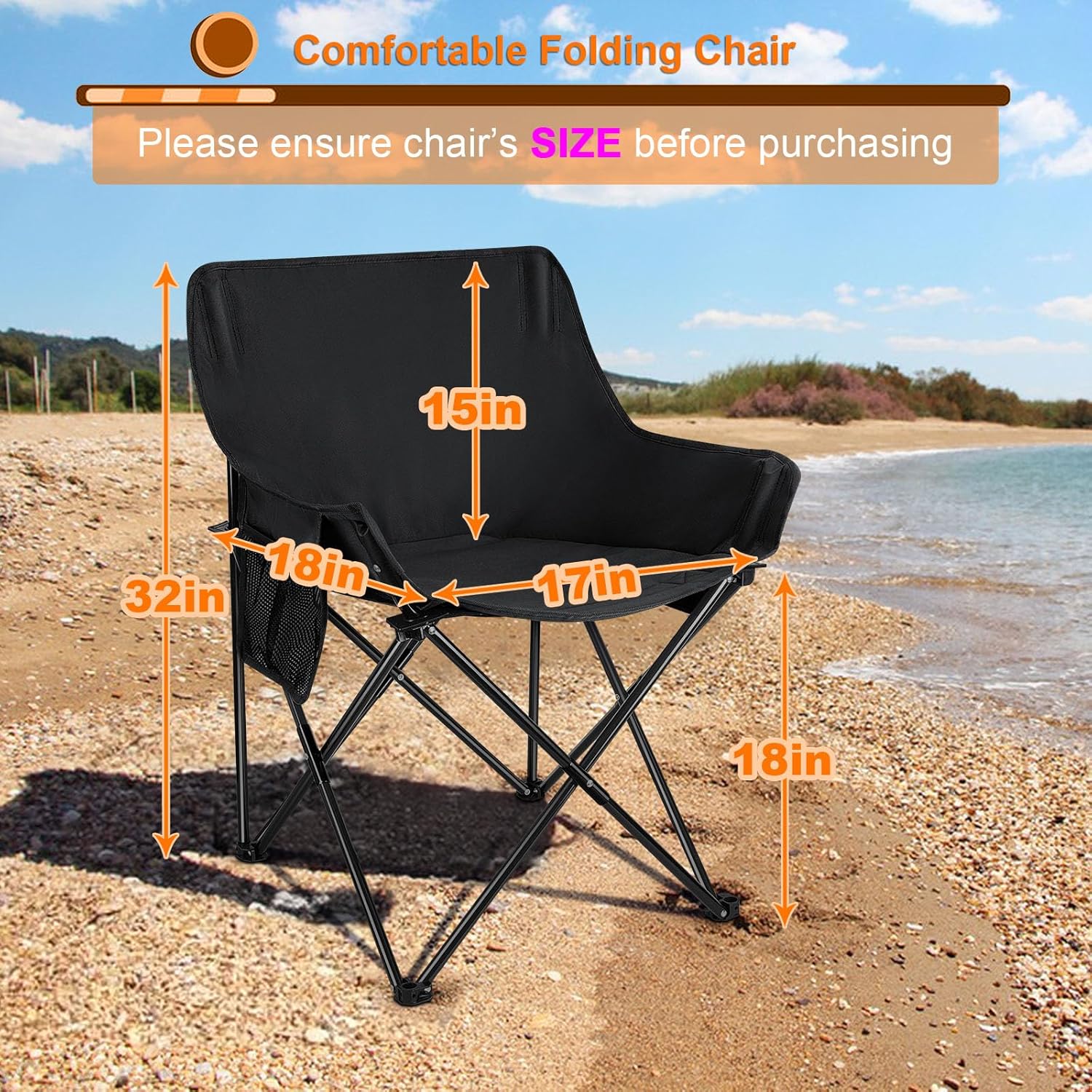 HaSteeL Folding Camping Chair, Portable Foldable Camp Chair for Adults, Comfortable 600D Oxford Fabric Collapsible Lawn Chairs for Indoor Outdoor Beach, 250lbs Weight Capacity, Storage Bag, Black - Image 2
