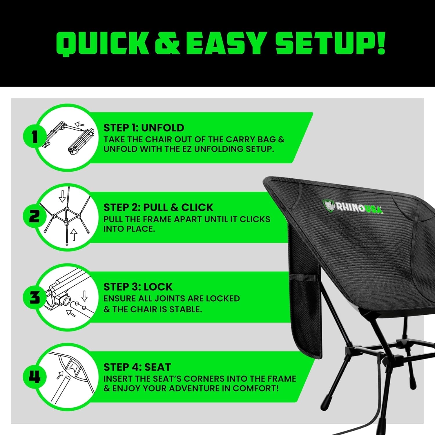Rhino USA Portable Camping Chair (400lbs Capacity) - Collapsible Compact Lightweight Camp Chair for Backpacking, Hiking & Fishing - Small Foldable and Portable Camping Chairs for Adults and Kids - Image 4