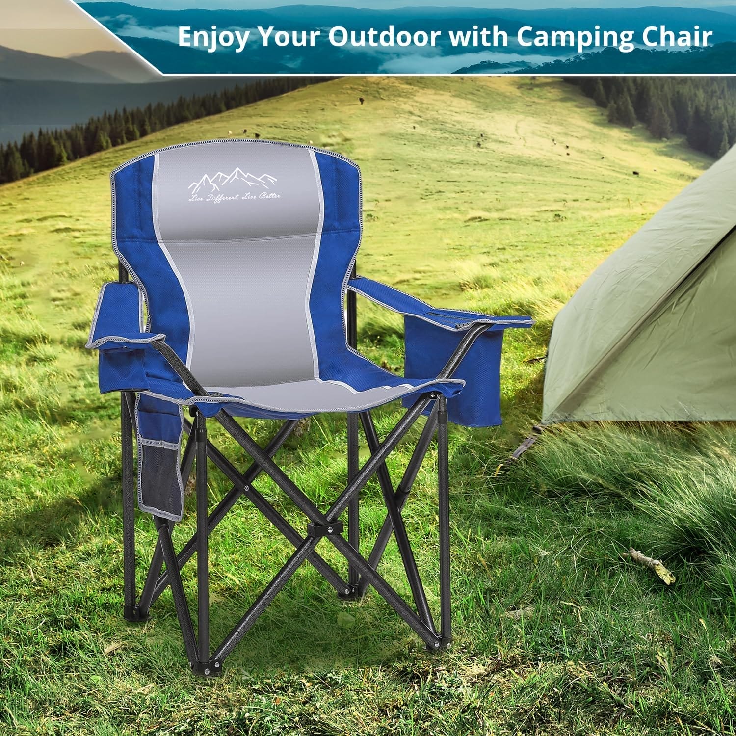 Folding Camping Chair, Heavy Duty Portable Lawn Chairs with Cooler Bag, Side Pocket & Cup Holder, Folding Chairs for Outside Support 450lbs Blue - Image 3