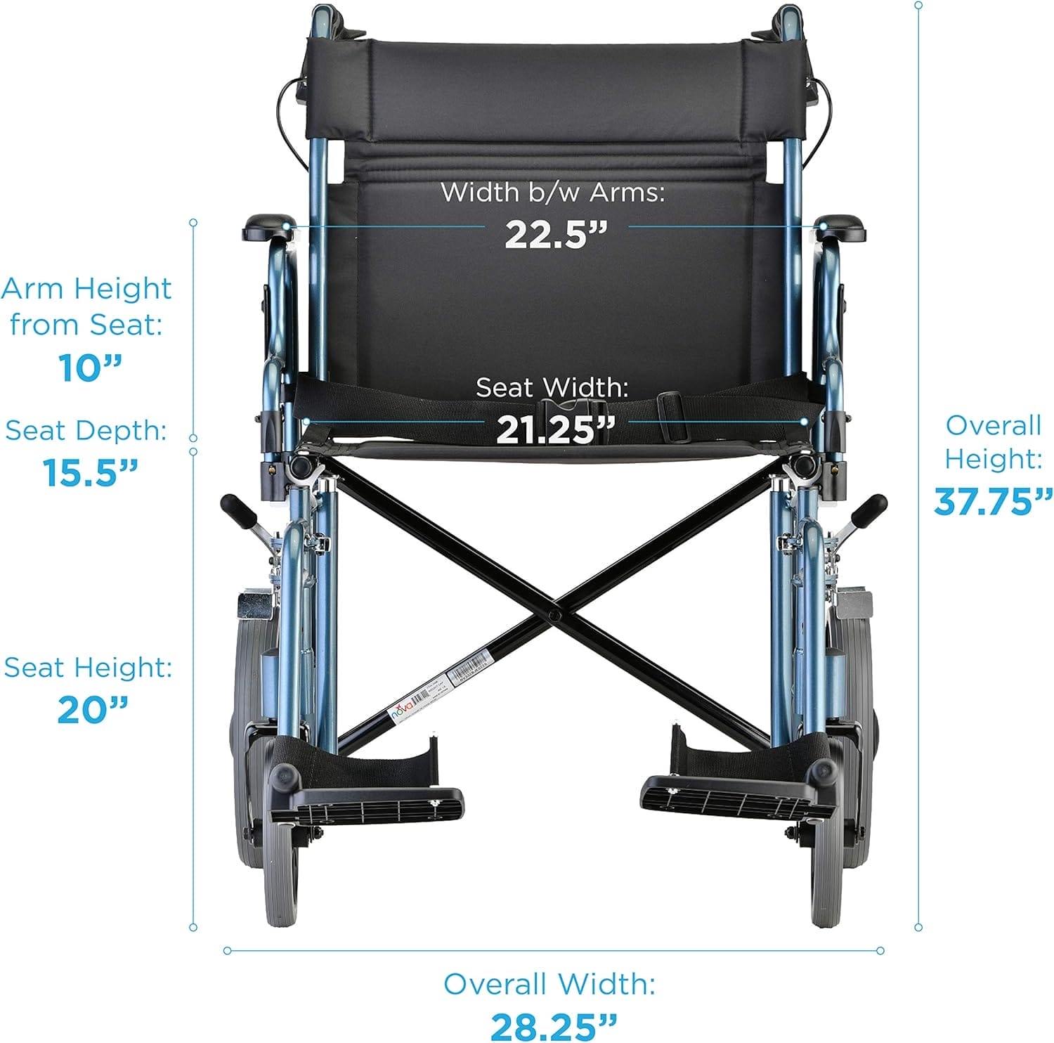 NOVA Heavy Duty Bariatric Transport Chair with 400 lb. Weight Capacity, 22” Extra-Wide Seat with Locking Hand Brakes, Flip Up Arms (for Easy Transfer), Anti-Tippers, 12” Rear Wheels, Color Blue - Image 5