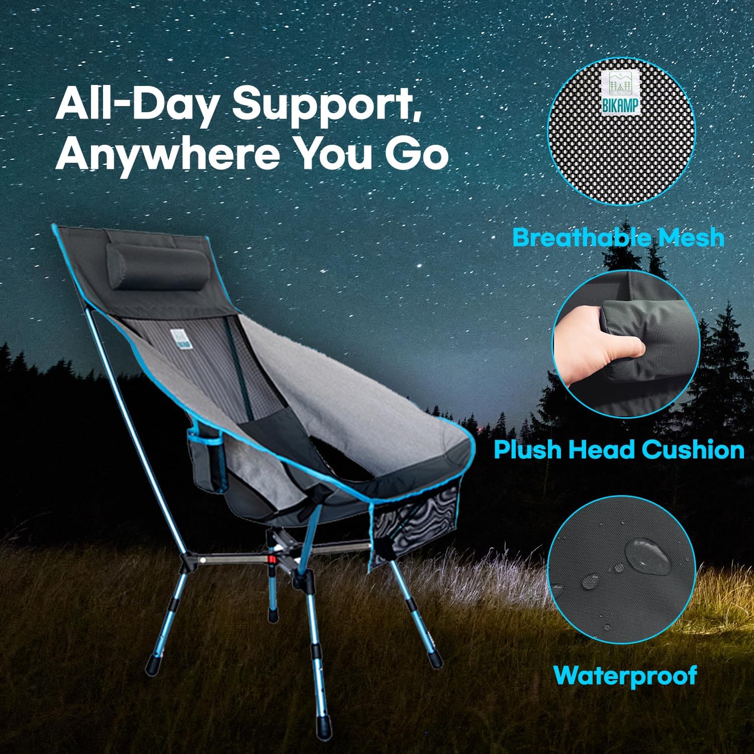 Portable Camping Chair with Adjustable Height, High Back, Pillow, and Side Pocket - Ultralight Foldable Chair for Beach, Backpacking, and Outdoor Adventures - Image 4