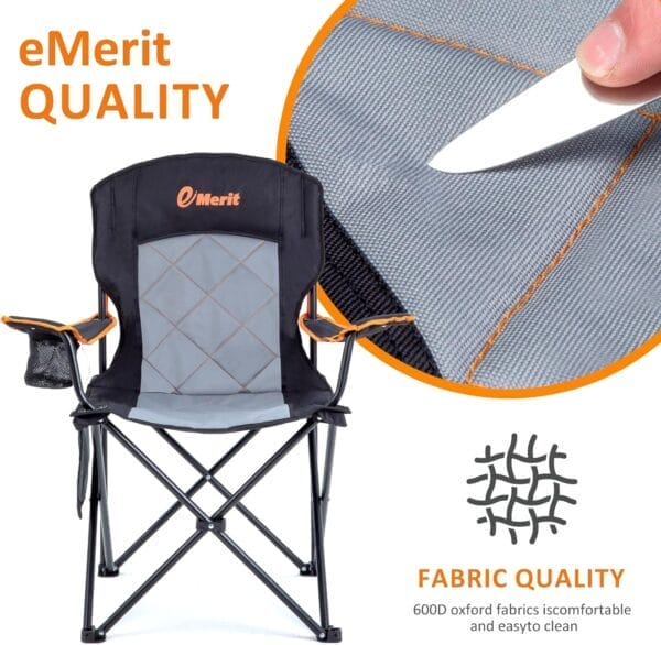 EMERIT Oversized Padded Camping Chair, 350LB Heavy Duty Quad Fold Chair with Arms, Collapsible Outdoor Chairs with Lumbar Back & Cup Holder Black - Image 6