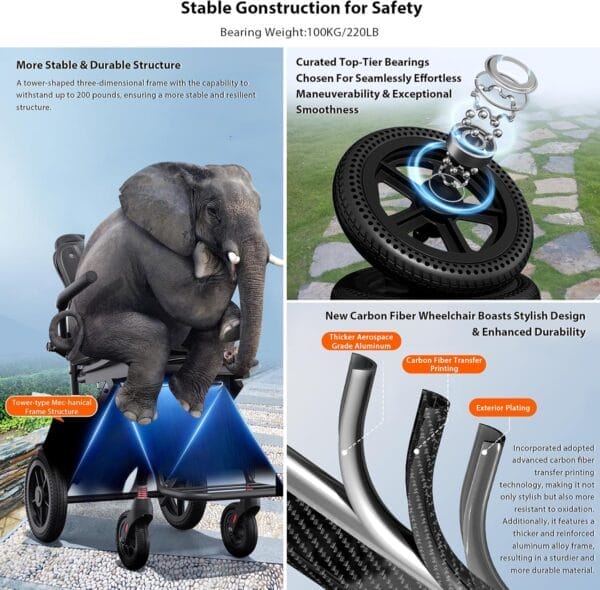 Ultra Lightweight Transport Wheelchair Foldable, Portable Travel Wheelchair for Adults Senior, with Ergonomics Comfortable Seat Cushion, Telescopic Handle for Travel - Image 8