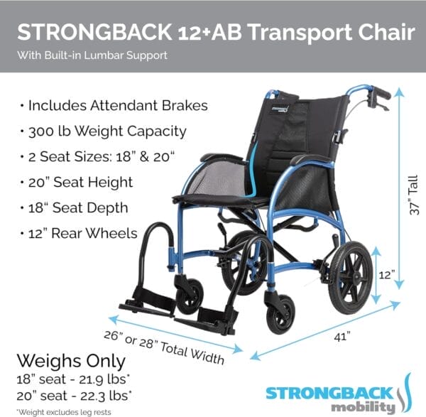 Excursion 12+AB Lightweight Portable Wheelchair for Adults and Seniors – Ergonomic Lumbar Support, Adjustable Footrests, Supports 300 lbs; 18" Seat (12" Rear Wheels) - Image 3