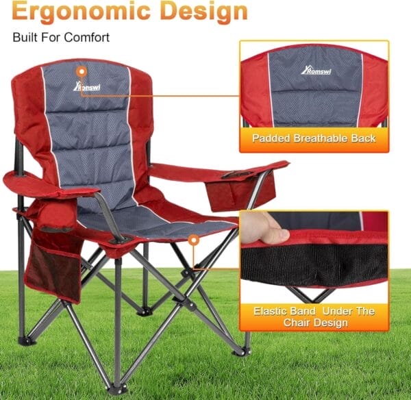 Romswi Oversized Camping Chairs,Heavy Duty Support 500 LBS,Padded Back & Arm Sport Chairs, Cup Holder Cooler Bag, Collapsible Folding Chairs for Outdoor, Fishing & Garden - Image 4