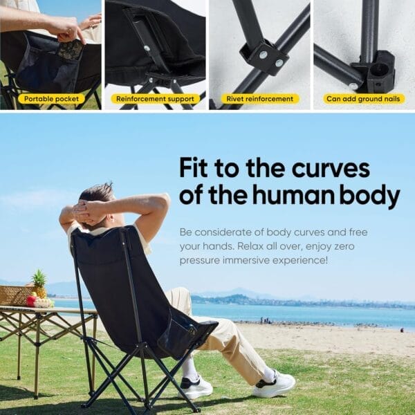 Portable Folding Camping Chair with High Back Upholstered Side Pocket Headrest Oversized Lightweight Lawn Chair Outdoor Chair for Outdoor Camping, Beach, Leisure, Travel, Tailgate, Adults - Image 3
