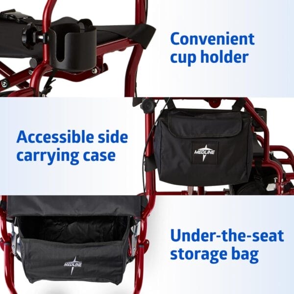 Medline Red Combination Rollator and Transport Chair, Desk-Length Arms, Swing Away Footrests, Red Frame - Image 3