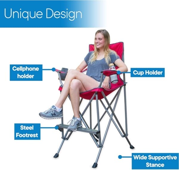 RMS Extra Tall Folding Chair - 31" Seat Height Director Chair for Camping, Home Patio and Sports - Portable and Collapsible with Footrest and Carrying Bag - Up to 300 lbs Weight Capacity (Red) - Image 4