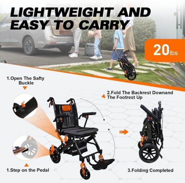 20LBS Ultra-Light Foldable Transport Wheelchair for Adults - Carbon Fiber Coating, 10” PU Tires, Pull Rod, Lightweight & Portable for Travel & Daily Use - Image 4