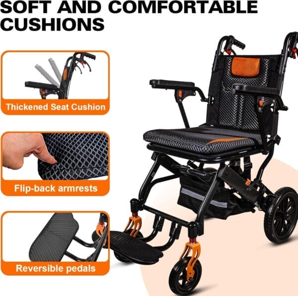 20LBS Ultra-Light Foldable Transport Wheelchair for Adults - Carbon Fiber Coating, 10” PU Tires, Pull Rod, Lightweight & Portable for Travel & Daily Use - Image 2