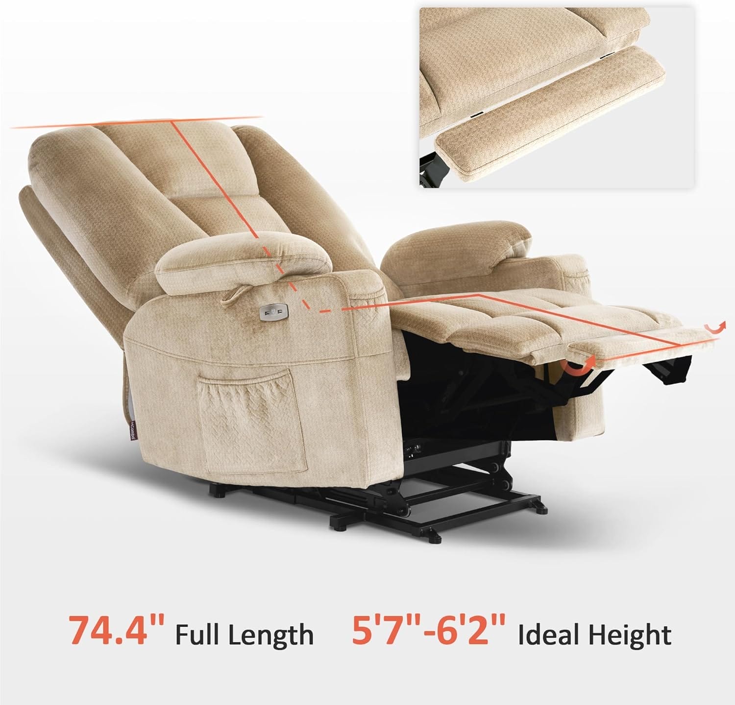 MCombo Large Power Lift Recliner Chair with Massage and Heat for Big and Tall Elderly People, Cup Holders, USB Ports, Side Pockets, Fabric R7541 (Beige, Large-Wide) - Image 7