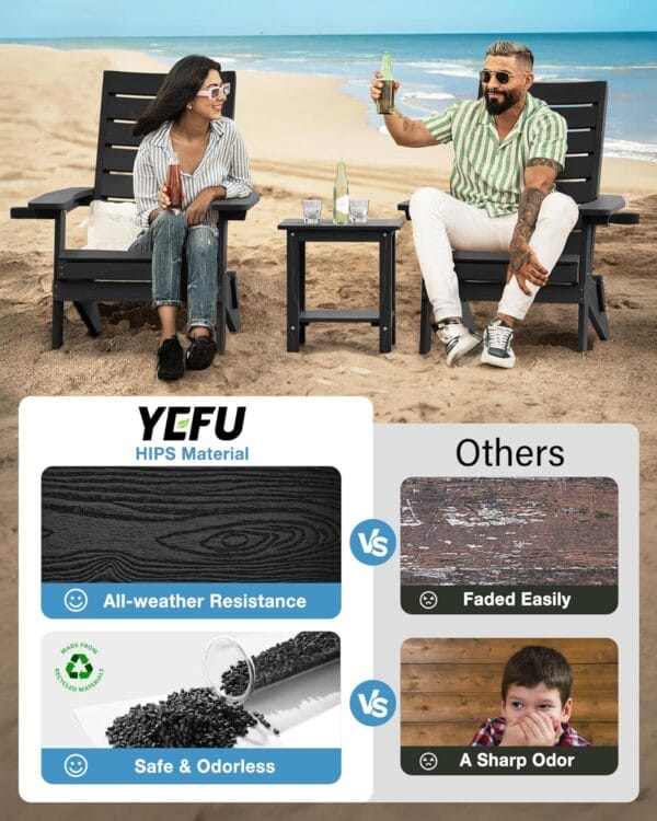 YEFU Folding Oversized Adirondack Chair: Heavy Duty Adirondack Chairs with Comfort Arc Backrest & Cup Holder - All Weather HIPS Plastic Fire Pit Chair for Outdoor Patio Lawn Garden Black - Image 4