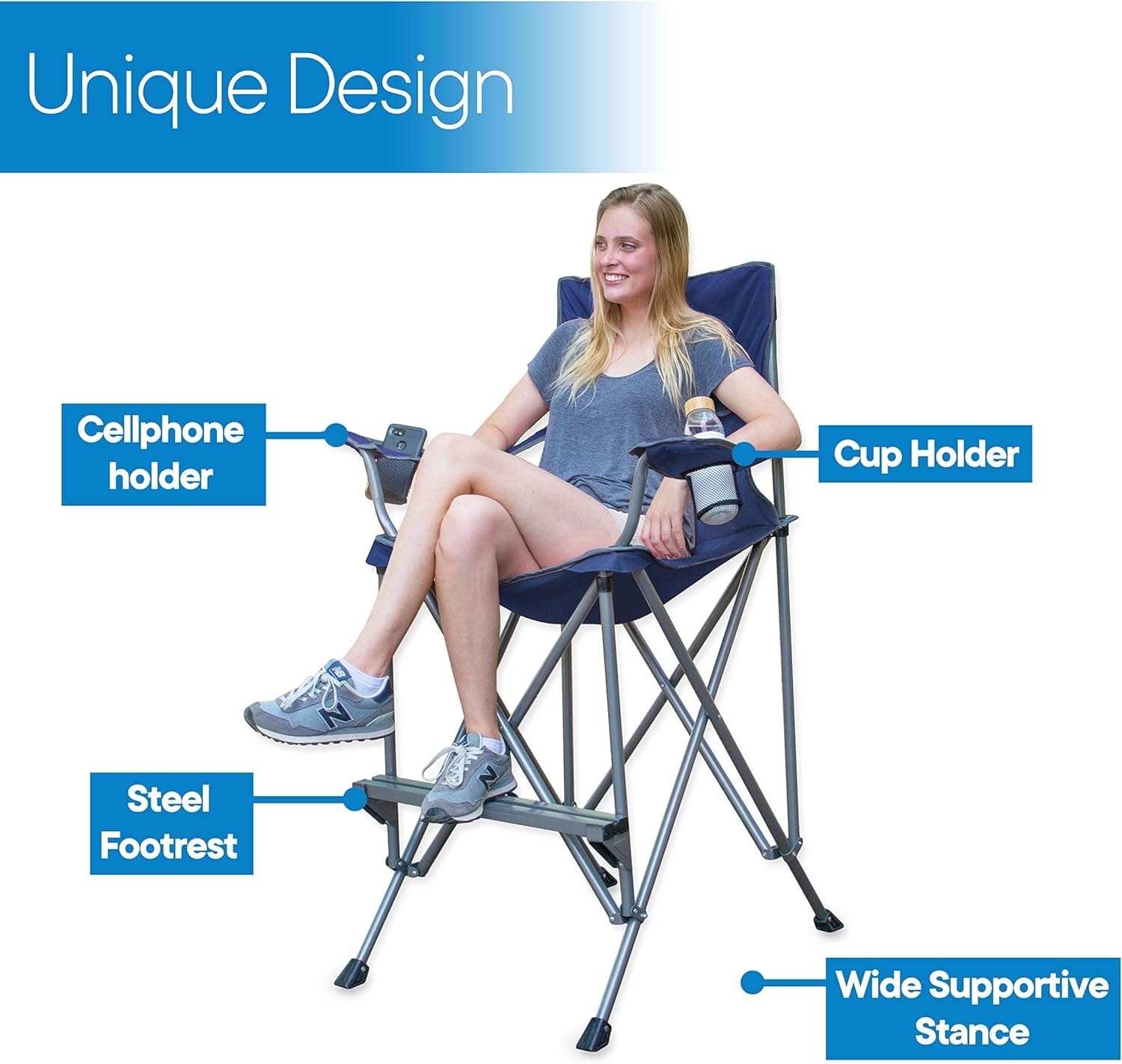 RMS Extra Tall Folding Chair - 31" Seat Height Director Chair for Camping, Home Patio and Sports - Portable and Collapsible with Footrest and Carrying Bag - Up to 300 lbs Weight Capacity (Blue) - Image 4