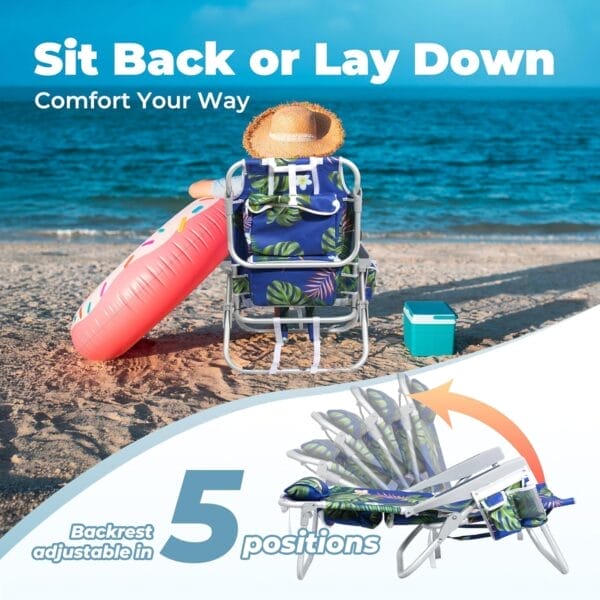 Folding Beach Chair for Adults, 10'' Low Sand Chairs with Cup Holder, 5-Position Recling Backpack Beach Chair Aluminum Frame, Portable for Travel & Outdoor, Supports 300lbs, Tropical Palm - Image 3