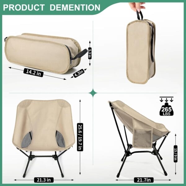 Lightweight Camping Chairs with Adjustable Height, Portable Camping Chairs for Adults with Carry Bag and Side Pockets, Folding Chairs for Outside for Camping, Beach, Fishing, Trip, Picnic (Khaki) - Image 3
