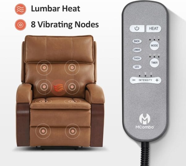 MCombo Power Lift Recliner Chair Sofa with Massage and Heat, Adjustable Headrest for Elderly People, Solid Wood Armrest, USB Ports, Side Pockets, Faux Leather 7917 (Tawny, Medium) - Image 5
