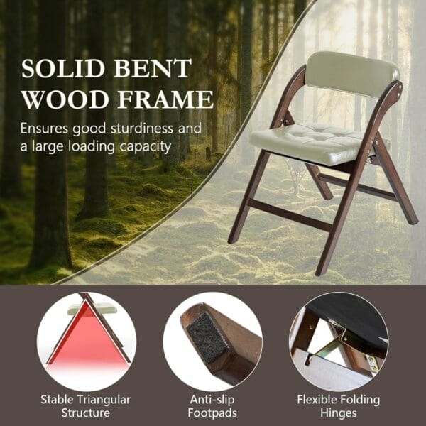 Wooden Folding Chairs Set of 2, Folding Chairs with Padded Seats, 31" Stackable Folding Dining Chairs, Folding Extra Chair for Banquet Room, Bedroom, Party Chairs, Walnut Khaki - Image 4