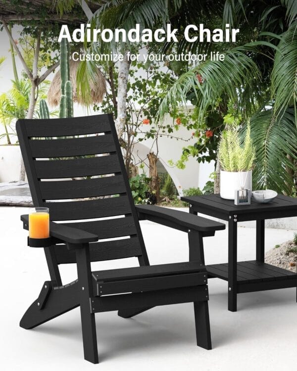 YEFU Folding Oversized Adirondack Chair: Heavy Duty Adirondack Chairs with Comfort Arc Backrest & Cup Holder - All Weather HIPS Plastic Fire Pit Chair for Outdoor Patio Lawn Garden Black - Image 6