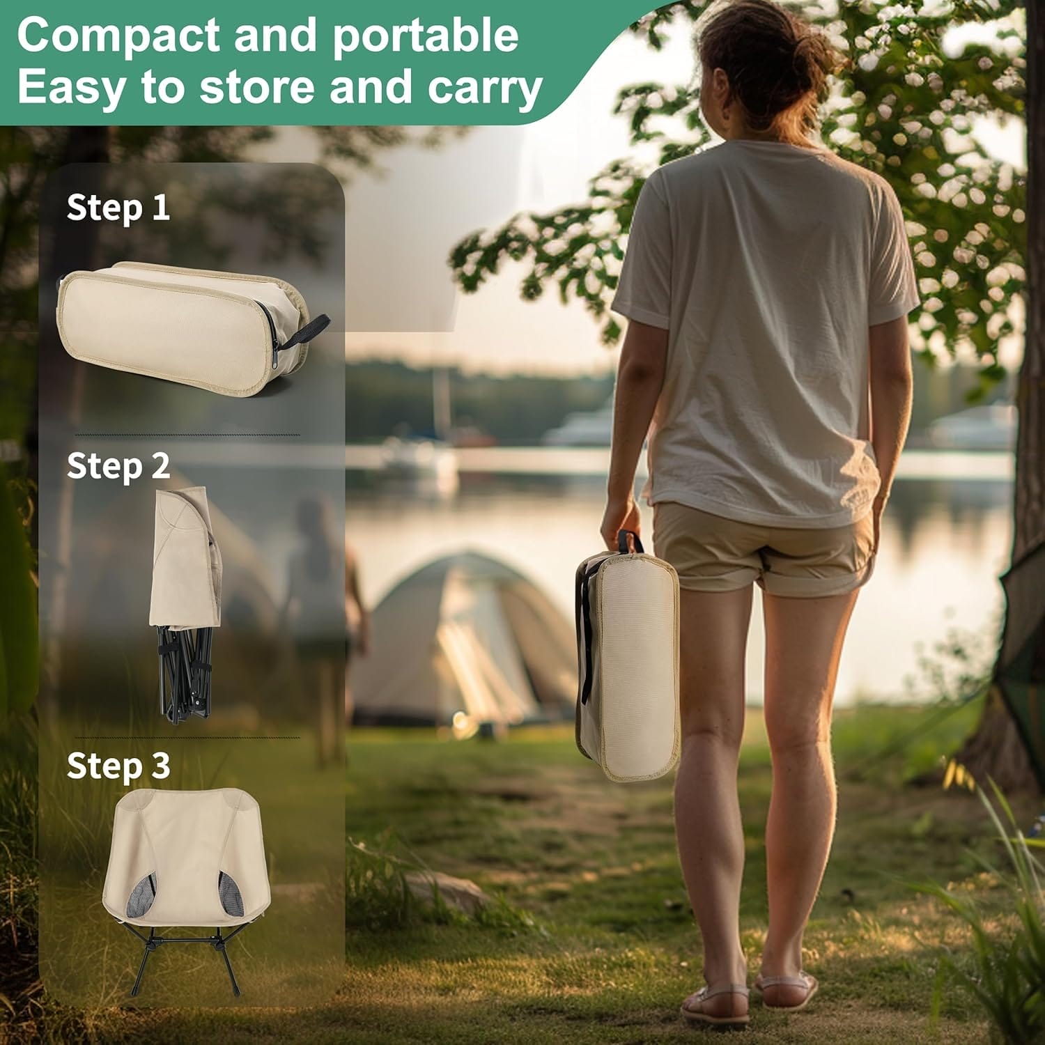 Lightweight Camping Chairs with Adjustable Height, Portable Camping Chairs for Adults with Carry Bag and Side Pockets, Folding Chairs for Outside for Camping, Beach, Fishing, Trip, Picnic (Khaki) - Image 6